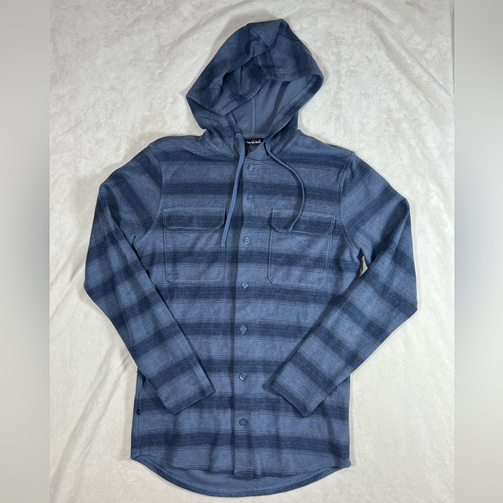 Travis Mathew Size Small Cotton Blend Hooded Blue Button Front Sweater Golf EUC